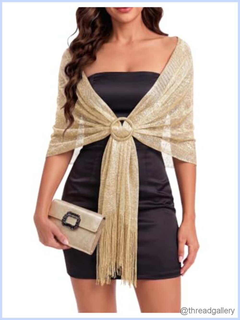 Metallic Glitter Shawl Wrap with Buckle Tassel Fringe Evening Wedding